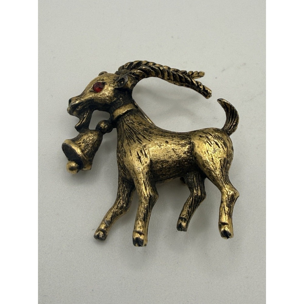 Vintage Goat Brooch Pin Gold Tone with Bell Ram Billy Goat Red Rhinestone Eye